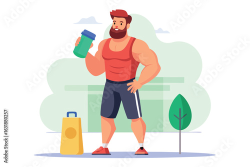 A fit man is holding a protein shake, ready for a workout isolated on white background