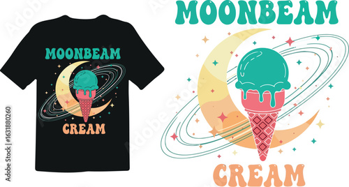 T shirt design vector art of retro space ice cream cone with moon and stars, text moonbeam cream, perfect for tshirt design and apparel