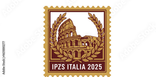 Stamp graphic with Colosseum and IPZS ITALIA 2025 text on white