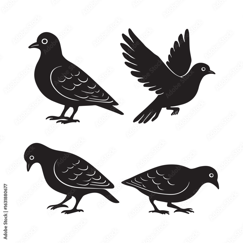Obraz premium Four Silhouette Pigeons in Various Poses Depicted in Black and White Embodying Simplicity Grace and Symbolic Representation of Peace