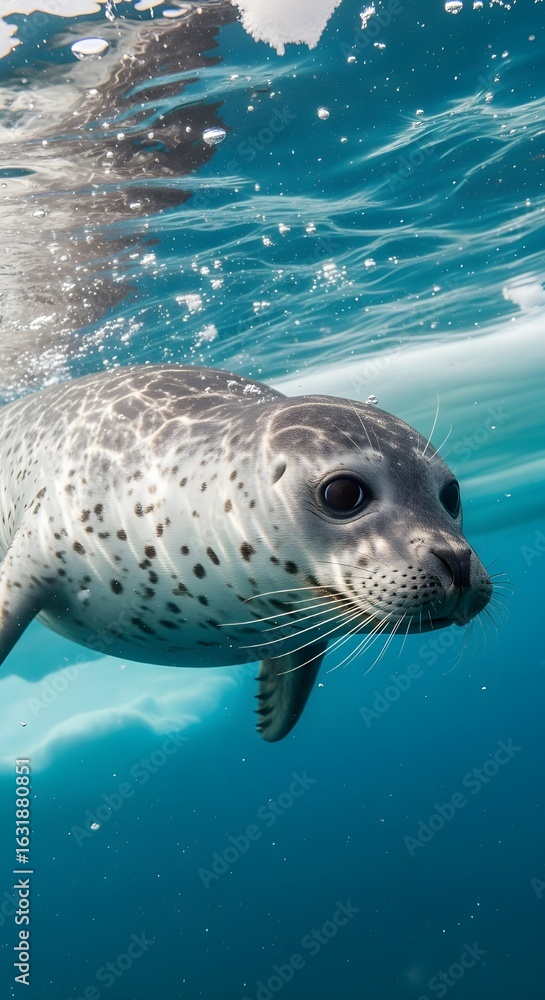 Fototapeta premium Close up of ringed seal (Pusa hispida) swimming underwater, Arctic Sea, Svalbard, Norway. 