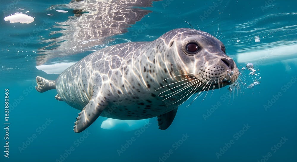Fototapeta premium Close up of ringed seal (Pusa hispida) swimming underwater, Arctic Sea, Svalbard, Norway. 