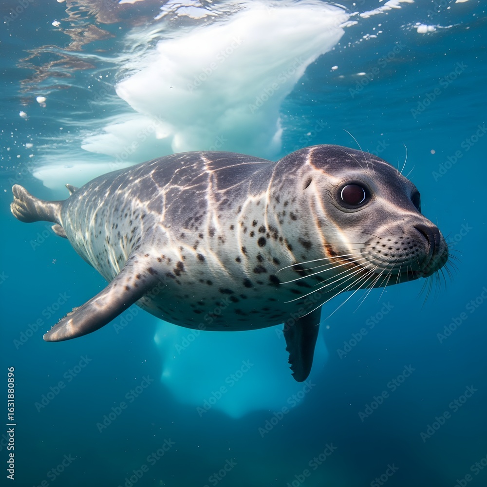Obraz premium Close up of ringed seal (Pusa hispida) swimming underwater, Arctic Sea, Svalbard, Norway. 