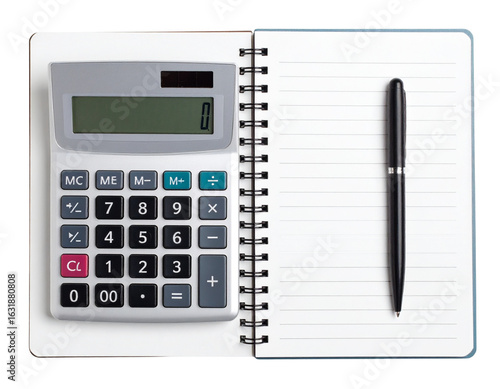 Modern Calculator and Ballpoint Pen on Open Spiral Notebook, Top-Down View, Transparent Background