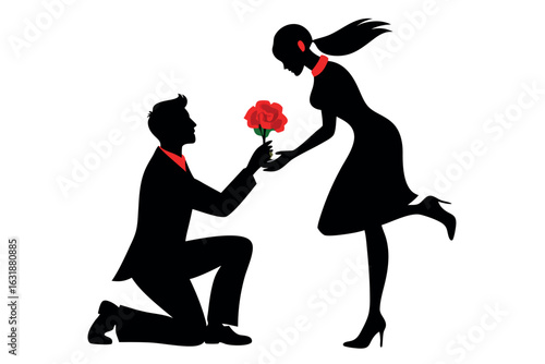 A man proposing to a woman with roses isolated on white background