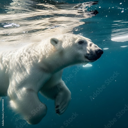 Close up of Polar bear (Ursus maritimus) swimming in Arctic Ocean, Northeastern Russia.
