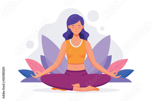 A woman is meditating in lotus pose isolated on white background for peace