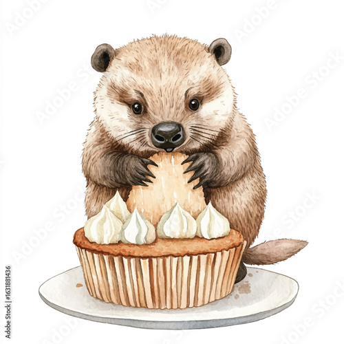 Adorable Watercolor Beaver Devouring Cupcake with Whipped Cream Frosting