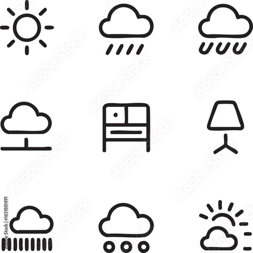 Weather and furniture vector icon set handdrawn style,editable stroke sun,rain,cloud,bedside table,lamp,cloud network,cloud and sun icon set