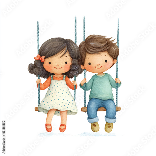 Adorable Watercolor Children Swinging Together on a Wooden Swing Set