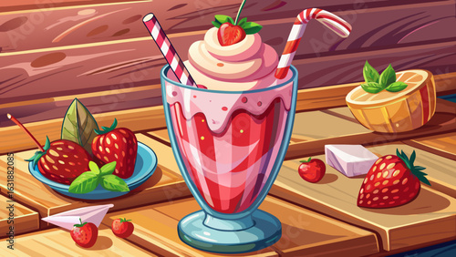 close up raspberry milkshake on wooden table with raspberry topping, idea sweet drink homemade,