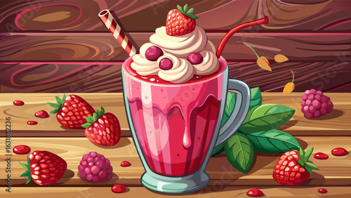 close up raspberry milkshake on wooden table with raspberry topping, idea sweet drink homemade,