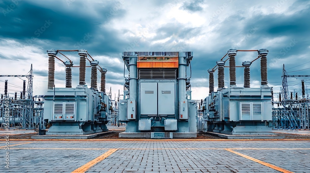 Naklejka premium High voltage electrical substation distributing electricity with dramatic cloudscape