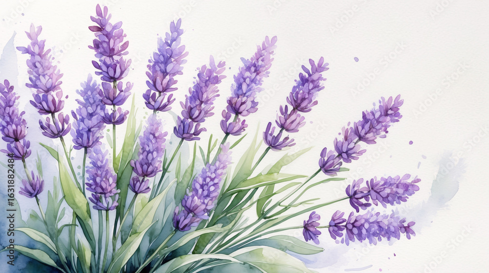 Naklejka premium handcrafted lavender watercolor artwork purple floral with vibrant green leaves floral botanical aesthetic wallpaper background
