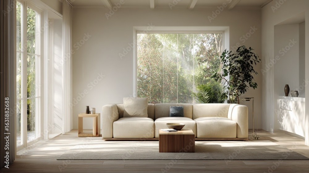 Fototapeta premium Modern Living Room Interior with Comfortable Sofa, Natural Light, and Minimalist Design for Relaxing Lifestyle