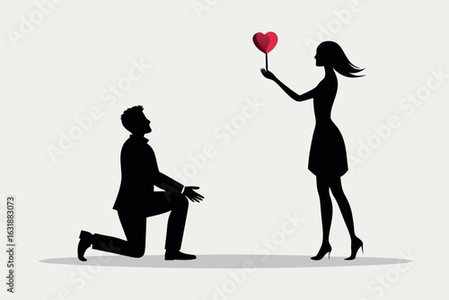 Silhouette of a man proposing to a woman holding a heart isolated on white background
