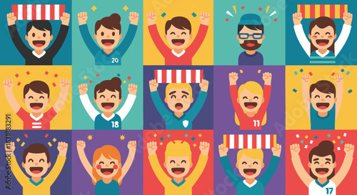 A vibrant vector illustration set of diverse sports fans and supporters cheering with excitement and holding scarves.