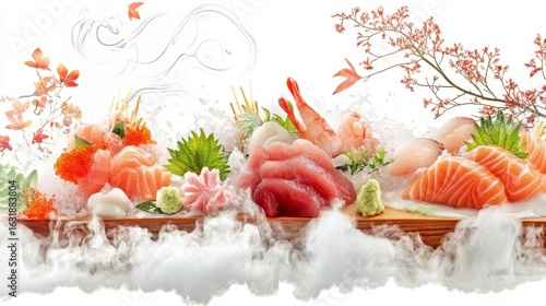 Delightful Sashimi Platter: A meticulously arranged assortment of premium sashimi, showcasing a colorful array of fresh seafood. Accompanied by elegant floral decor and wisps of delicate vapor.