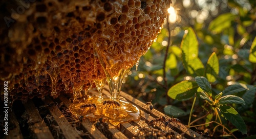 A close up of a honeycomb dripping honey with ants crawling around and green leaves in the background