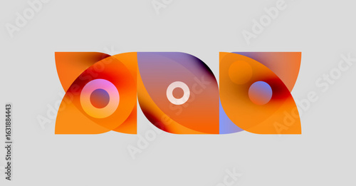 Abstract shapes, vibrant colors, orange hues dominate design. Circles nested within flowing forms create dynamic visual impact.