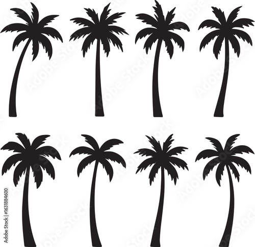 Eight Black Silhouette Palm Trees on White Background tropical