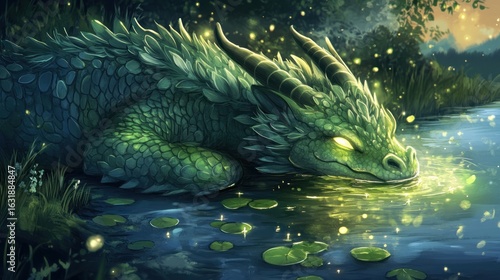 Emerald dragon quenching its thirst in a mystical, luminous lake