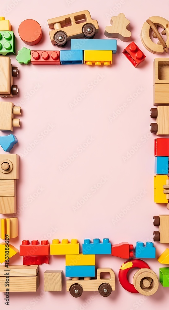 Obraz premium Colorful wooden and plastic building blocks arranged in a frame.