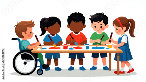 Children Painting Together at a Round Table in a Classroom

