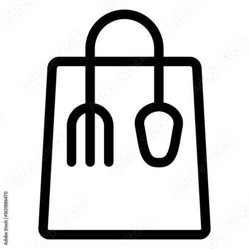 Logo comida para llevar. Bolsa con cubiertos. Icono bolsa de la compra con cuchara y tenedor con líneas