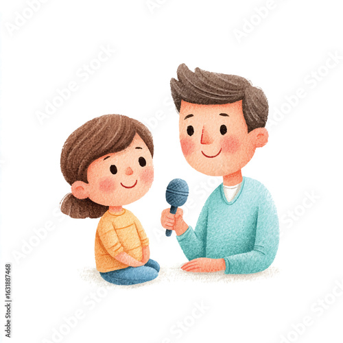 Cartoon father interviewing his daughter with a blue microphone both smiling