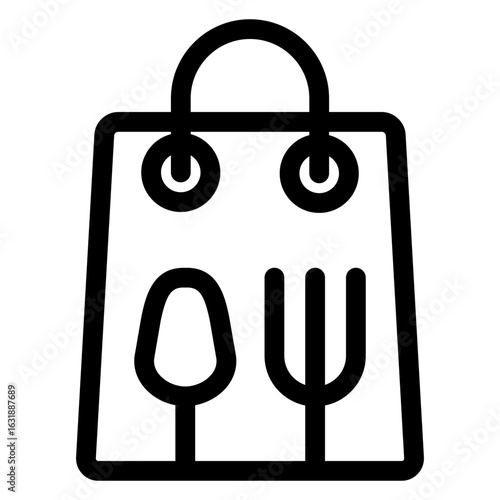 Logo comida para llevar. Bolsa con cubiertos. Icono bolsa de la compra con cuchara y tenedor con líneas