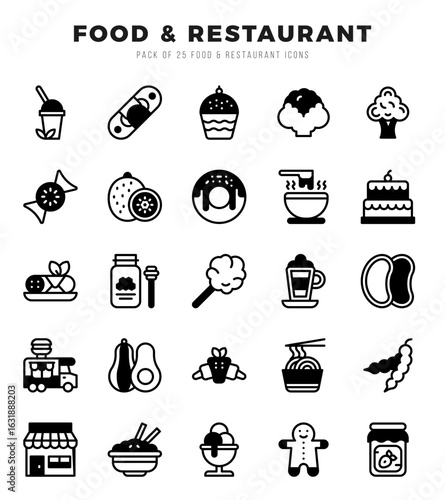 Collection of Food and Restaurant 25 Lineal Filled Icons Pack.