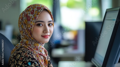 Smiling young muslim woman in hijab working at computer in modern office