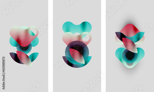 Abstract shapes overlap, creating soft gradients. Three panels display similar compositions, differing slightly in color balance. Minimalist design, light background.