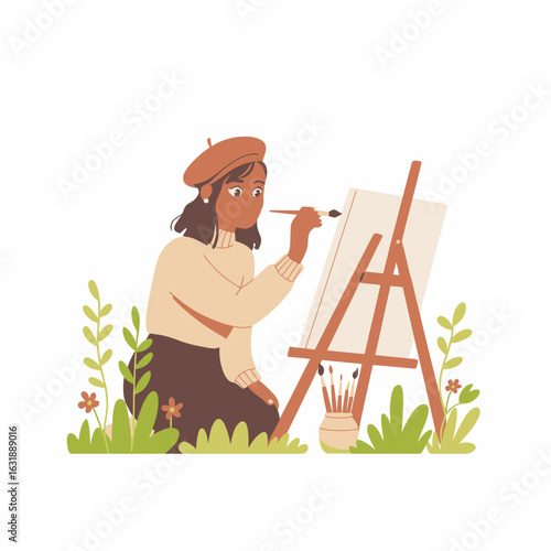 A young woman in a beret kneels beside an easel, delicately painting a vibrant landscape, surrounded by lush greenery and flowering plants that evoke creativity and passion.