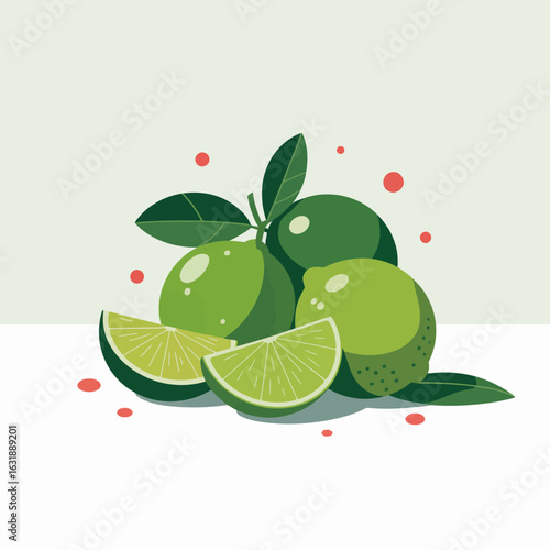 A vibrant arrangement of fresh limes and lime slices presents a refreshing and appetizing look that signifies zest, flavor, and vitality commonly associated with citrus fruits.