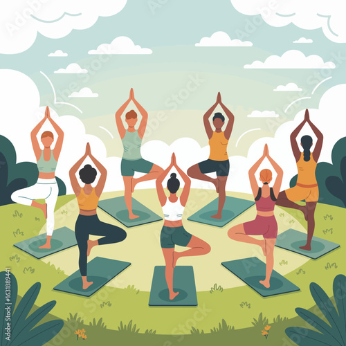 A serene outdoor scene showcasing a diverse group of women practicing yoga, reinforcing unity, mindfulness, and the connection to nature in their tranquil posture.