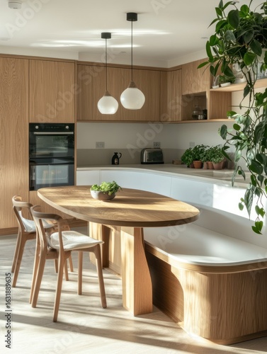 Sunlit modern kitchen featuring natural wood cabinetry and dining area