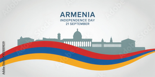 Armenia Independence Day artwork with iconic national landmarks, flag-inspired ribbon waves, and bold 21 September typography for cultural commemoration