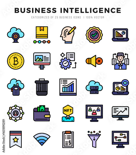 Set of Business Intelligence Icons. Simple line art style icons pack.