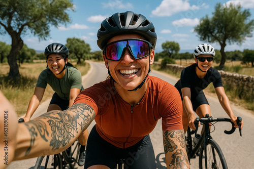 Group of female cyclists smiling and taking a selfie during a sunny road ride