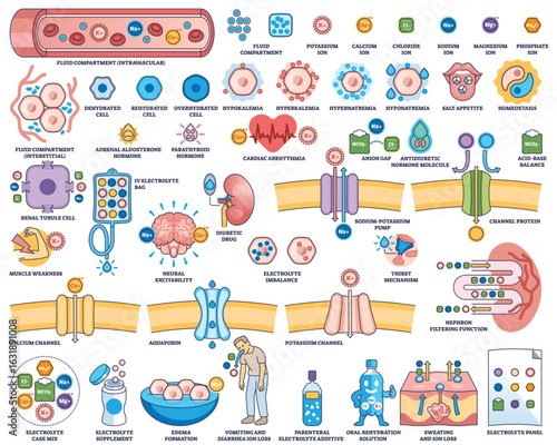 Electrolyte balance is shown with ions, cells, and kidney function diagrams, illustrating fluid compartments and imbalances. Outline style worksheet collection