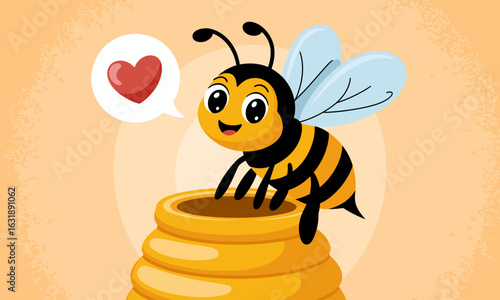 The joyful bee perched on a honey pot expresses affectionate joy with a love icon, delivering a playful and charming vibe in a vibrant cartoon style with cute illustrations.