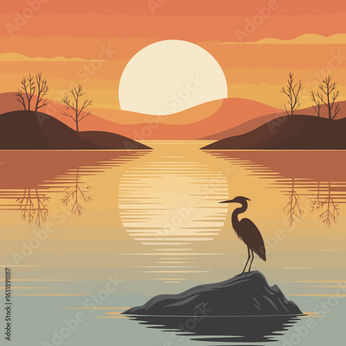 This captivating image features a heron poised on a rock as the sun sets in the background, casting an enchanting glow over the calm waters and surrounding landscape.