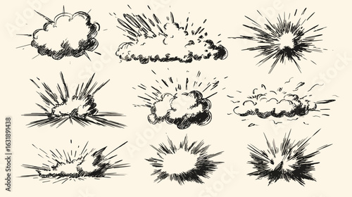 Line speed cartoon effect, boom explosive motion line element set. Comic boom burst, explosive smoke, line speed cartoon vector icon.