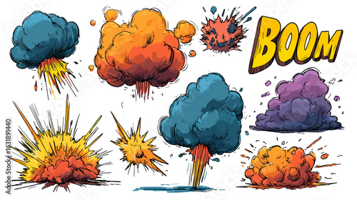 Line speed cartoon effect, boom explosive motion line element set. Comic boom burst, explosive smoke, line speed cartoon vector icon.