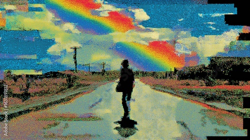 Road with silhouette figure underneath the colorful rainbow and sky