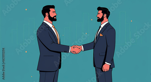 Two businessmen in suits shaking hands, symbolizing a successful business agreement or partnership.