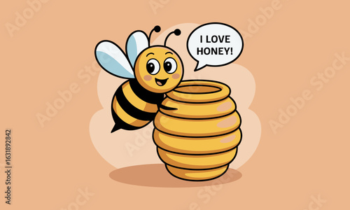 This delightful image features a happy bee beside a honey pot proclaiming its love for honey, radiating warmth and affection through a vibrant and charming cartoon style.