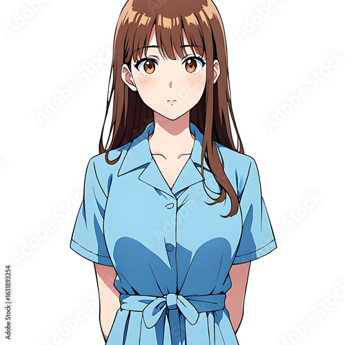 A young japanese woman with brown hair and a friendly smile wearing a light blue collared shirt with a tie belt depicted in a clean anime art style against a stark black background
